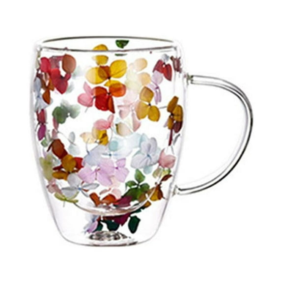 Dried Flowers Double Wall Clear Glass Coffee Mugs, 10.5OZ Double Walled Glass Coffee Mugs, Clear Coffee Mug with Flowers, Insulated Layer Flowers Tea Cup, Perfect for Cappuccino Latte Juice