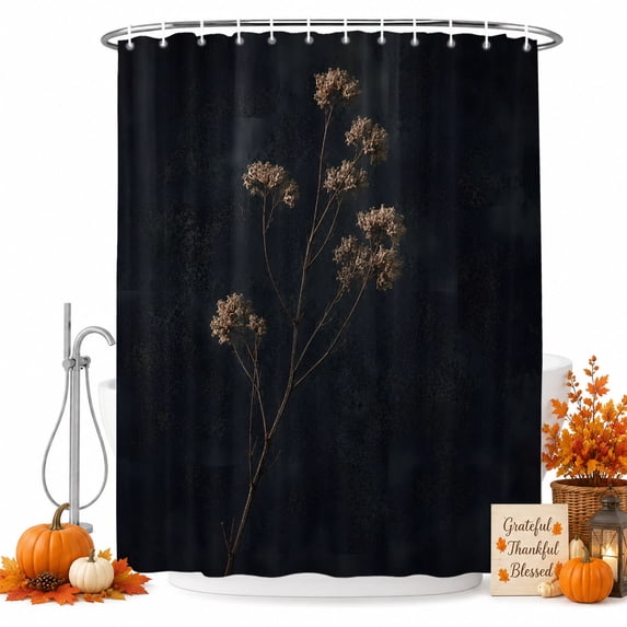 Dried Flowers Shower Curtain, Waterproof Shower Curtains for Bathroom, Abstract Black Vintage Rustic Floral Washable Fabric Bathtub Curtain Set Bath Decor with 12 Hooks 72"x78"