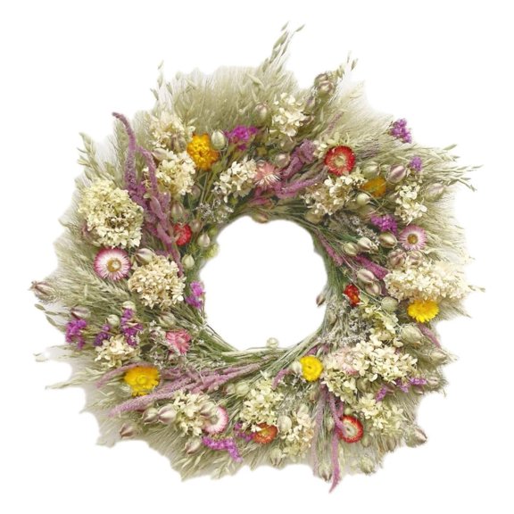 Dried Hydrangea Wreath 22 Inch Natural Oats Wheat Statice Strawflower Spring Decor for Home