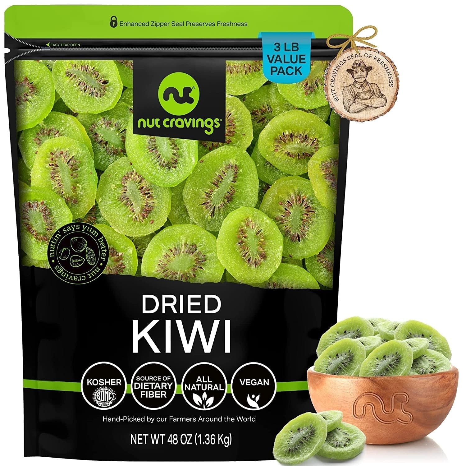 Nut Cravings Dried Kiwi Slices with Sugar 48oz Bulk Dehydrated