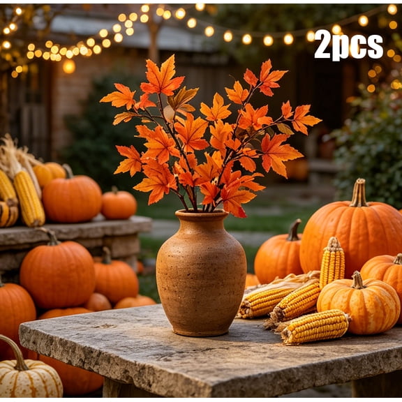 Dried Look Maple Leaf Bouquet 2 Pcs, Fabric Autumn Foliage for Thanksgiving Centerpiece, Compact Branch Set for Shelf or Table Styling