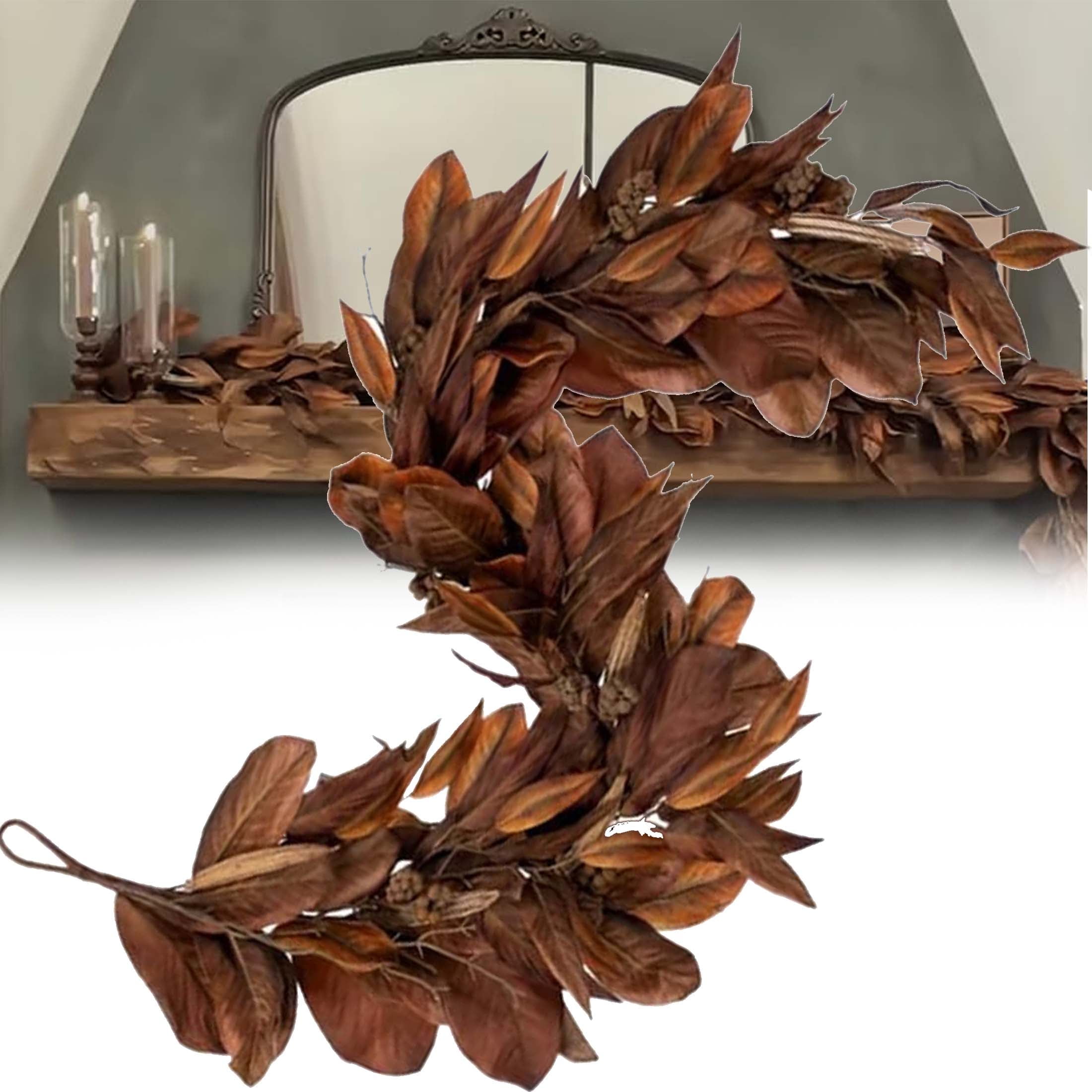 Dried Magnolia Leaf Garland with Pinecones - 6ft Artificial Faux Botanical Swag for Fireplace Mantel, Hearth & Wall Decor - Rustic Farmhouse Fall to Christmas Holiday Decorations