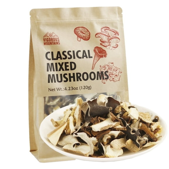 Vigorous Mountains Dried Mushroom Mix 4.2 Oz | Wild Porcini Shiitake Oyster Black Fungus | Umami Flavor | Vegan Cooking | Resealable Bag
