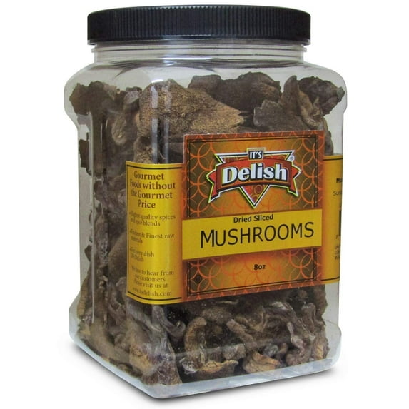 Dried Mushroom Slices Boletus Luteus by It's Delish, 8 Oz Jumbo Reusable Container Chilean Sundried Dehydrated and Sliced Mushrooms for Cooking and Flavoring