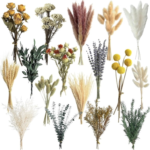 Dried Pampas Grass Bouquet, 17Pcs Natural Boho Dried Flowers In Various Colors For Vase, White Brown Pampas Bunny Tails Eucalyptus Wheat, Home Wedding Baby Shower Decor