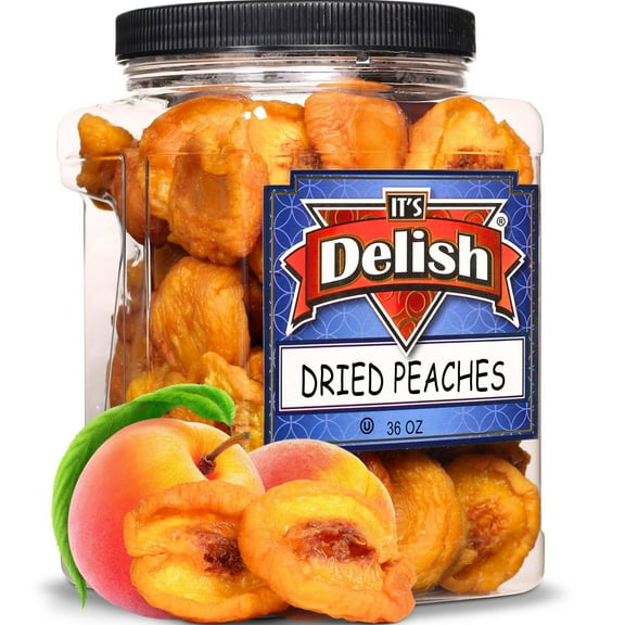 Dried Peaches by It's Delish, 36 OZ Jumbo Reusable Container  Naturally Sweet Peach Slices, No Sugar Added, Bulk Dried Fruit Healthy Snacks Fresh and Dry Sliced Peaches Snack  Vegan, Kosher
