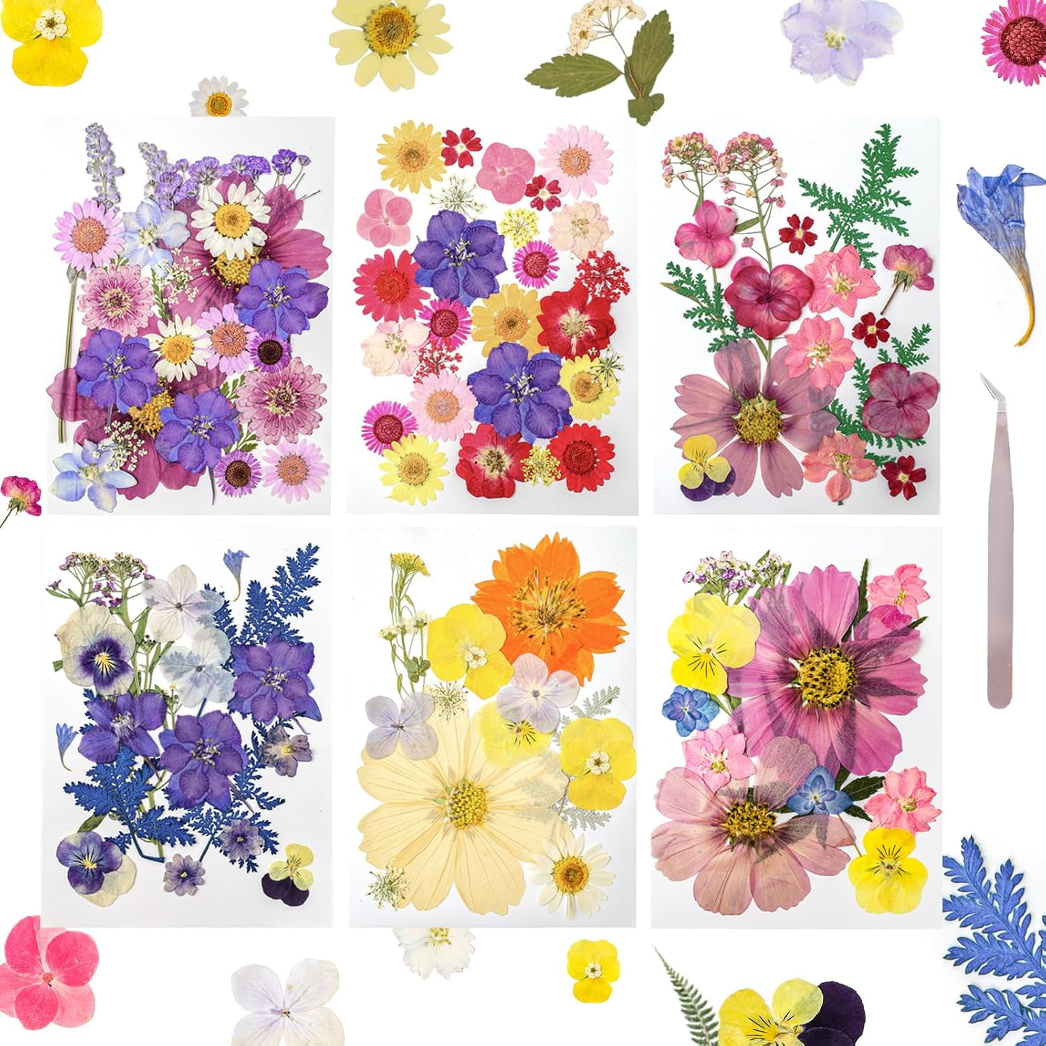 Dried Pressed Flowers Real Pressed Flowers Natural Dry Leaves Bulk Mixed Colorful Herbs Kit with Tweezers for Scrapbooking DIY Candle Jewelry Crafts Making Nails