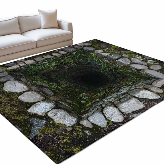 Dried Well 6x9ft Non Slip Area Rug 3D Abstract Mysterious Ancient Stone Cave Plant Washable Soft Area Rugs for Living Room, Indoor Circle Carpet for Bedroom Dining Room Kitchen