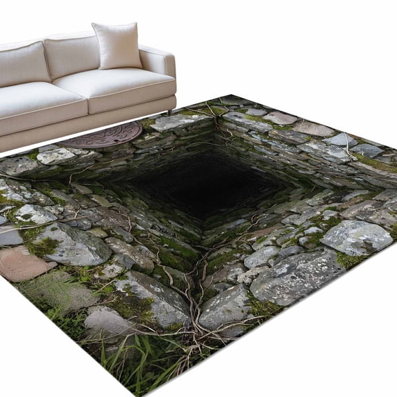 Dried Well 6x9ft Non Slip Area Rug 3D Abstract Mysterious Stone Cave Plants Washable Soft Area Rugs for Living Room, Indoor Circle Carpet for Bedroom Dining Room Kitchen