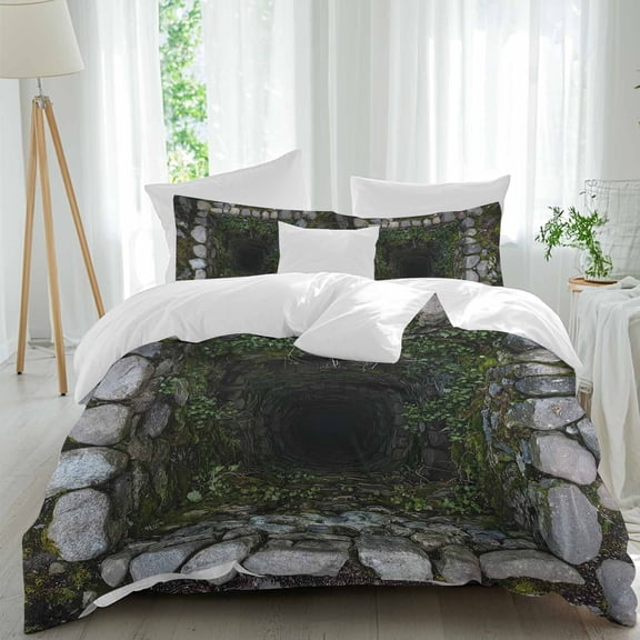 Dried Well Comforter Set California King Size, 3D Abstract Mysterious Ancient Stone Cave Plant Soft Bedding Set for Man Woman, 4 Pieces Duvet Cover Set with Fitted Sheet, 2 Pillowcases