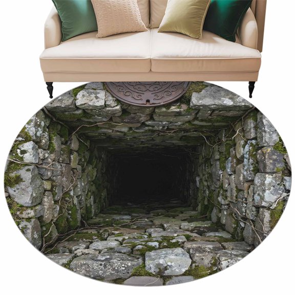 Dried Well Round Rug 6Ft 3D Abstract Mystery Illusion Vintage Tunnel Interior Cave Circle Area Rugs Washable Non Slip Indoor Floor Mats Carpet for Living Room Bedroom Dining Room Home Decor