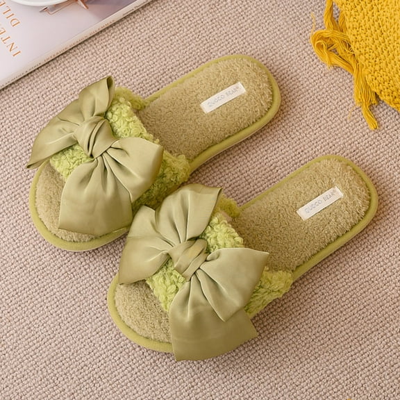 DrifWoo Cozy Plush Slippers with Bow Women’s Soft Indoor Non-Slip Shoes Size 6.5-9