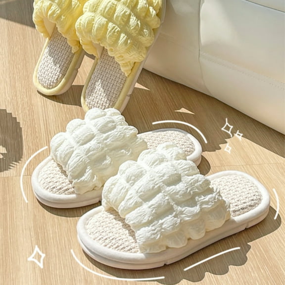 DrifWoo Soft Bubble Linen Slippers Non-Slip House Shoes for Women Ivory Yellow