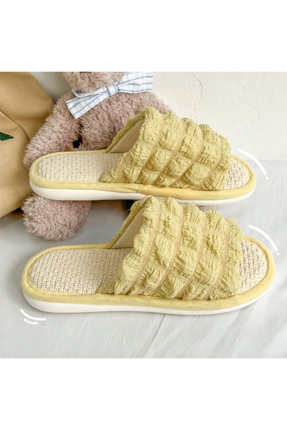 Soft Bubble Linen Slippers Non-Slip House Shoes for Women Ivory Yellow