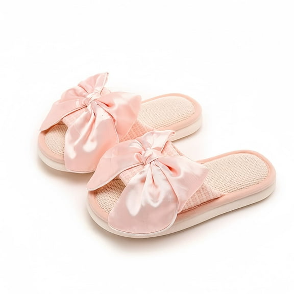 DrifWoo Womens Linen Slide Slippers Soft Upper Open Toe Cute Bow Indoor Spa Gift