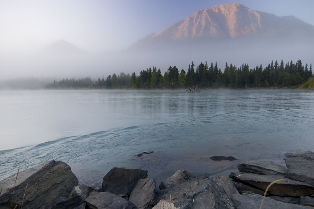 Drift Boat On The Outlet Of Kenai Lake Near Cooper Landing With Cecil Mountain Shrouded In Fog In The Background Canvas Art - Kent Fredriksson Design Pics (17 x 11)