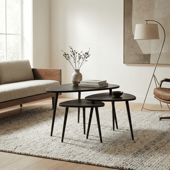 Drift Nesting Tables - Set of 3 Mid-Century Mango Wood Tables, Handcrafted for Living Room, Bedroom, or Office, Black Finish