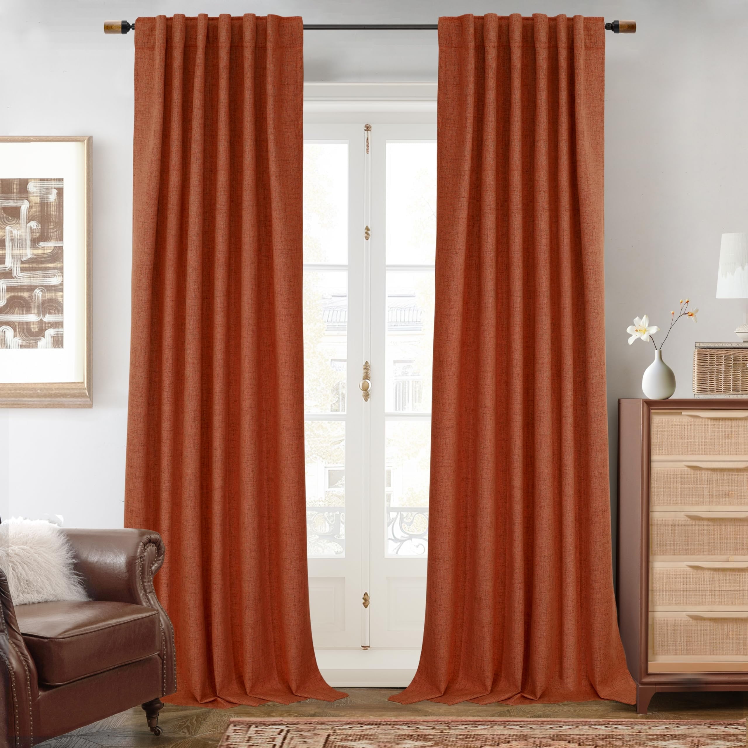 DriftAway 100% Blackout Linen Curtains for Bedroom 108 Inches Long Drape Farmhouse Thermal Insulated 3 Inch Rod Pocket Back Tab Full Light Blocking 2 Panels for Living Room Nursery