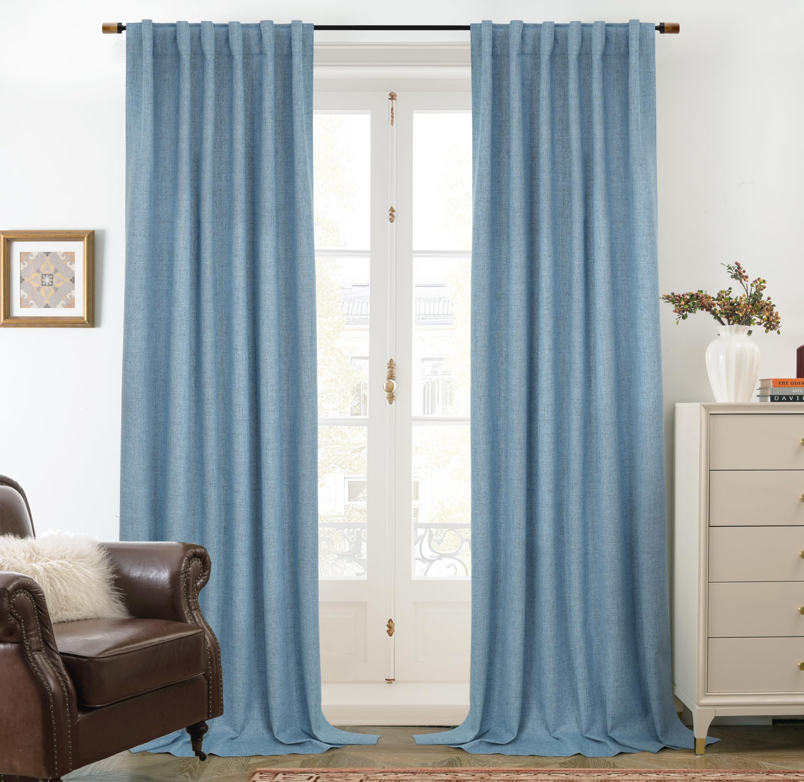DriftAway 100% Blackout Linen Curtains for Bedroom 84 Inches Long Farmhouse Thermal Insulated 3 Inch Rod Pocket Back Tab Full Light Blocking 2 Panels for Living Room Nursery