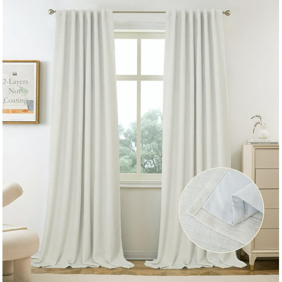 DriftAway 100% Blackout Linen Curtains for Bedroom 96 Inches Long Drape Farmhouse Thermal Insulated 3 Inch Rod Pocket Back Tab Full Light Blocking 2 Panels for Living Room Nursery