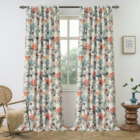 DriftAway 100% Blackout Linen Floral Patterned Curtains for Bedroom Double Layer Drape Thermal Insulated Ada Julia 3 Inch Rod Pocket Back Tab Full Light Blocking 2 Panels 52" x 84" Linen Orange Teal