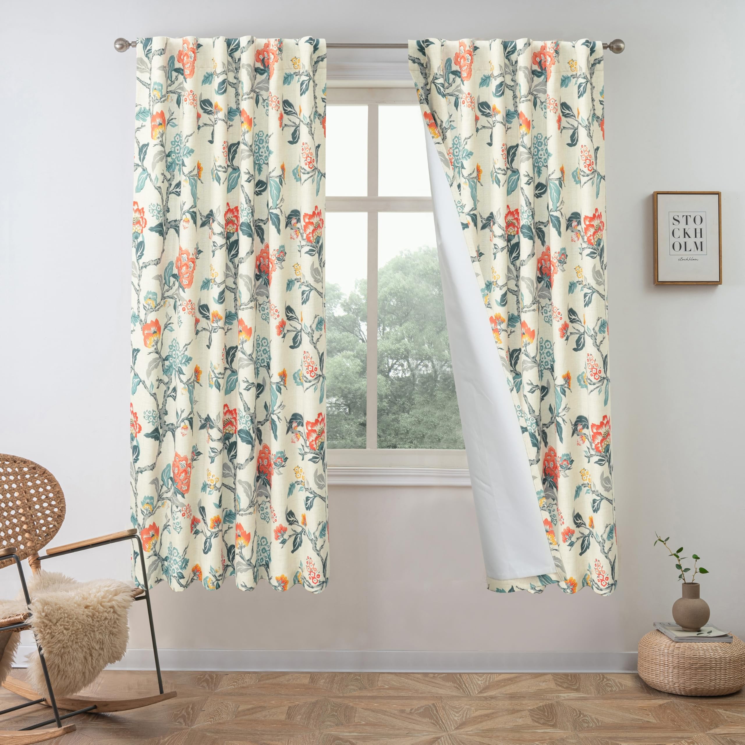 DriftAway 100% Blackout Linen Floral Patterned Curtains for Bedroom