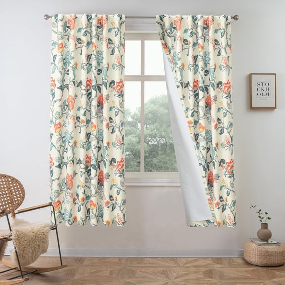 DriftAway 100% Blackout Linen Floral Patterned Curtains for Bedroom Double Layer Drape Thermal Insulated Ada Julia 3 Inch Rod Pocket Back Tab Full Light Blocking 2 Panels 52" x 63" Linen Orange Teal