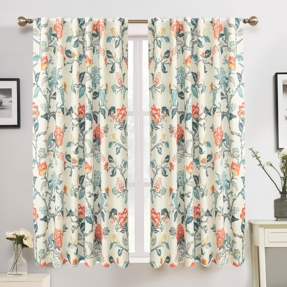 DriftAway 100% Blackout Linen Floral Patterned Curtains for Bedroom Double Layer Drape Thermal Insulated Ada Julia 3 Inch Rod Pocket Back Tab Full Light Blocking 2 Panels 52" x 54" Linen Orange Teal