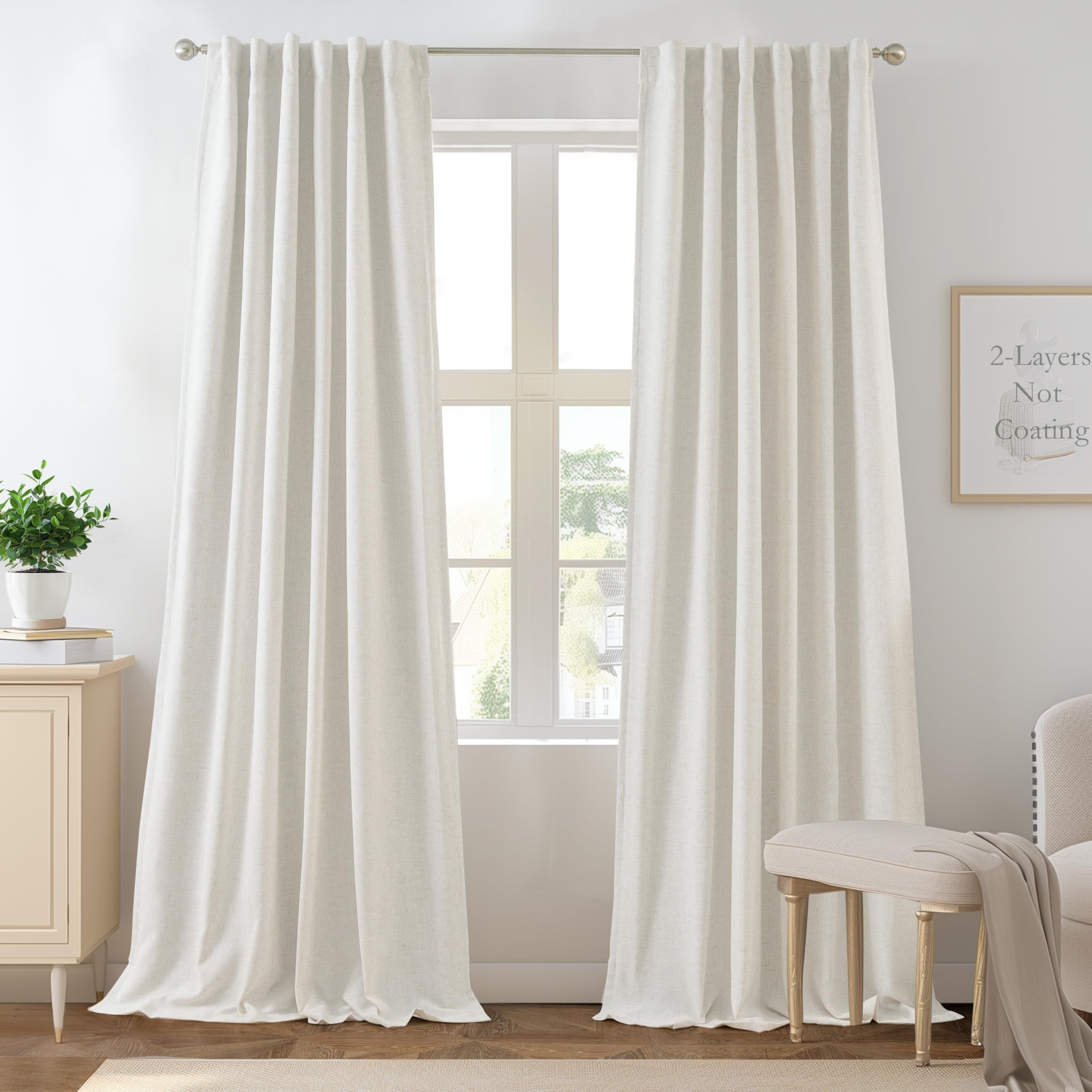 DriftAway 100% Blackout Natural Cream Linen Curtains for Bedroom 90 Inches Long Double Layer Drape Farmhouse Thermal Insulated 3 Inch Rod Pocket Back Tab Full Light Blocking 2 Panels for Living Room