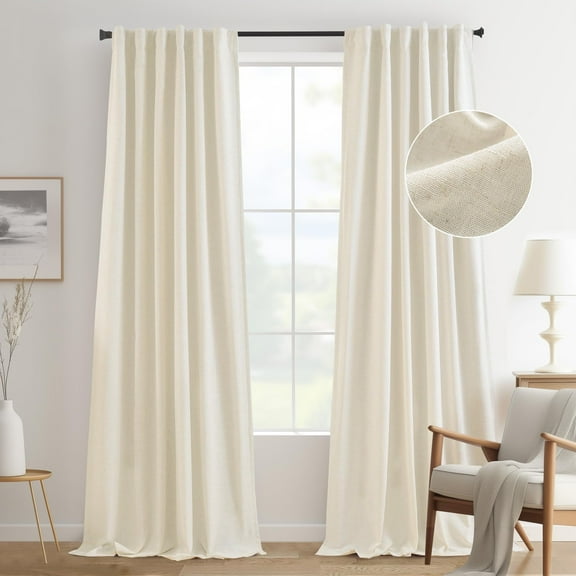 DriftAway 100% Blackout Natural Linen Curtains for Bedroom 102 Inch Long Double Layer Drape Farmhouse Thermal Insulated 3 Inch Rod Pocket Back Tab Full Light Blocking 2 Panels for Living Room Nursery