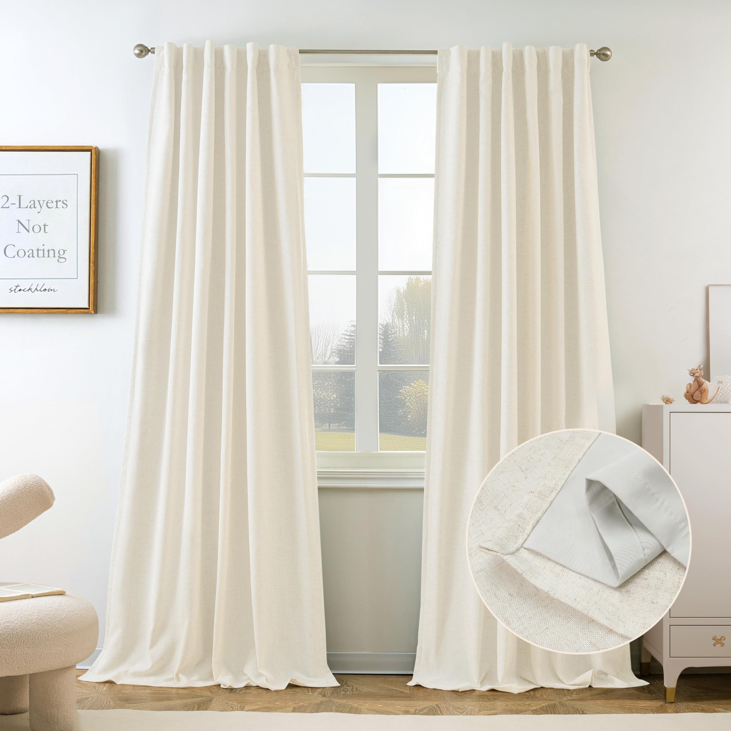 DriftAway 100% Blackout Natural Linen Curtains for Bedroom 84 Inches Long Double Layer Drape Farmhouse Thermal Insulated 3 Inch Rod Pocket Back Tab Full Light Blocking