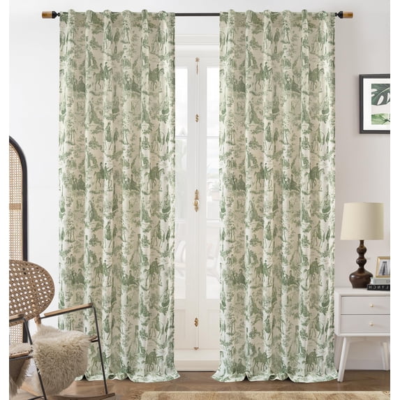 DriftAway 100% Blackout Toile Linen Curtains for Bedroom Double Layer Farmhouse French Country Vintage Printed Pattern Thermal Sound Lined Back Tab Drapes 96 inch Long 2 Panels Loden Green