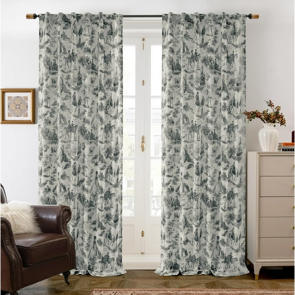 DriftAway 100% Blackout Toile Linen Curtains for Bedroom Double Layer Farmhouse French Country Vintage Printed Pattern Thermal Sound Lined Back Tab Living Room Drapes 84 inch Length 2 Panels Black