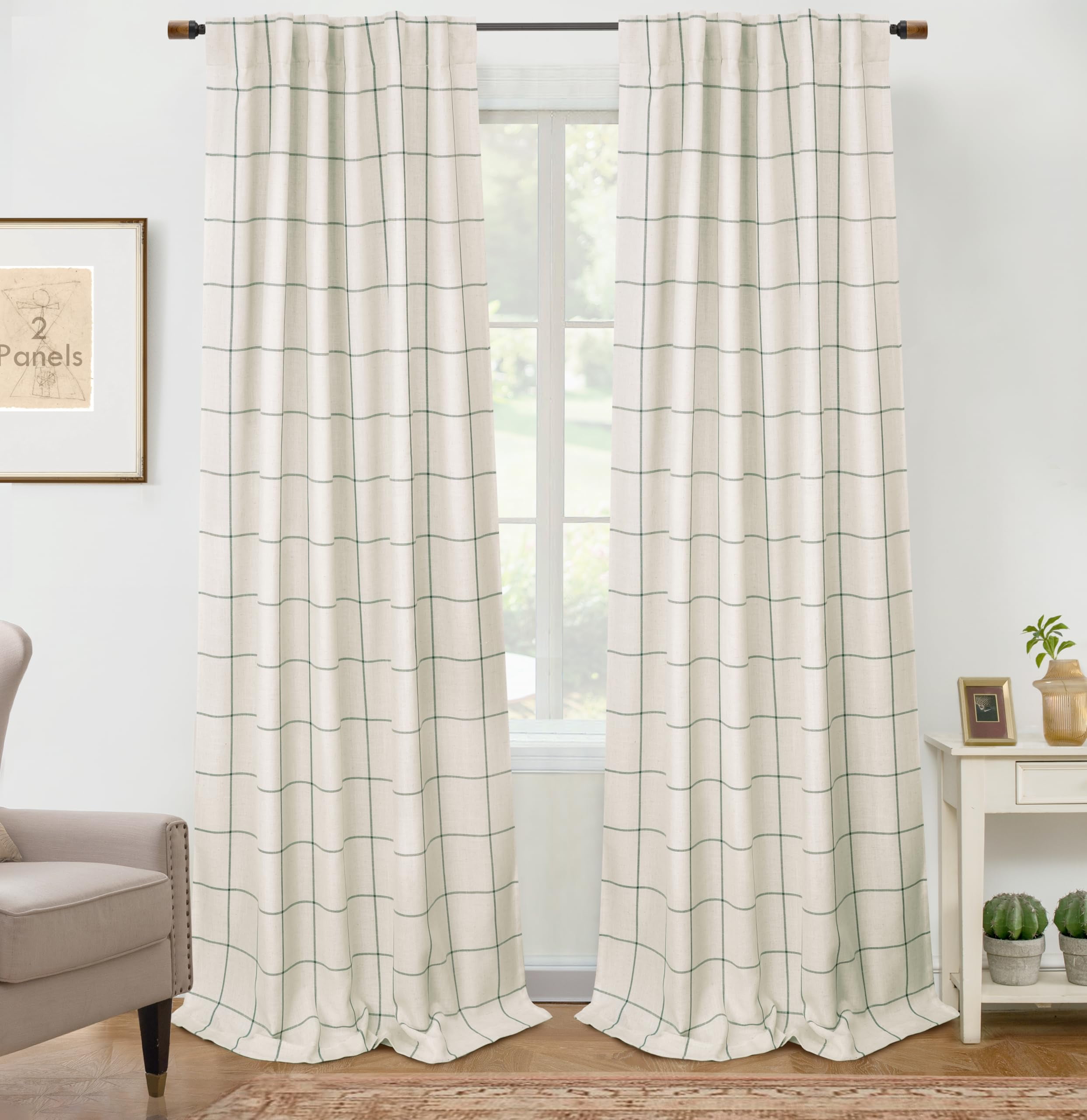DriftAway 2 Panels 100% Blackout Windowpane Plaid Linen Curtains Double Layer Drapes for Bedroom 90 Inches Long Farmhouse Thermal Insulated 3.25 Inch Rod Pocket Back Tab for Living Room Loden Green