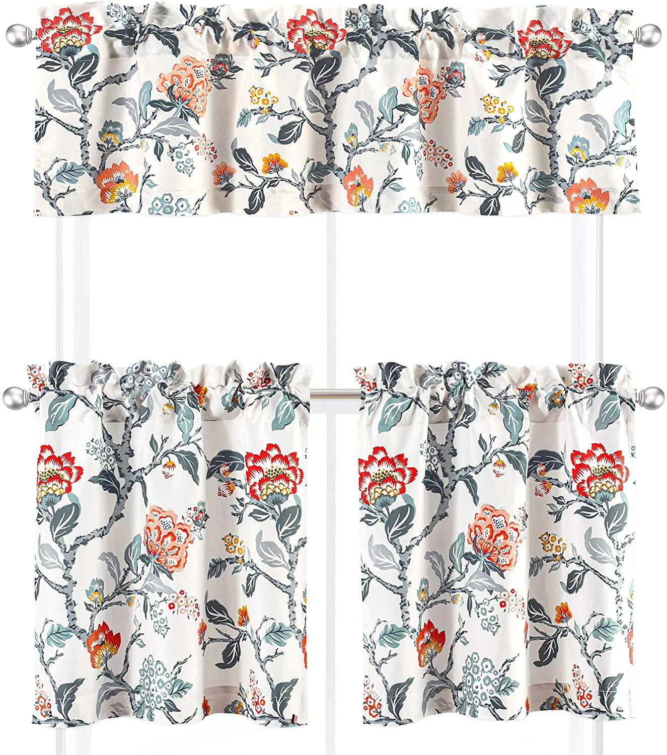 DriftAway 3 Piece Red Gray Kitchen Curtains with Valance and Tier Sets ...