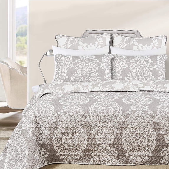 DriftAway 3 Piece Samantha Reversible Quilt Set Bedspreads Coverlet Floral Medallion Pattern Cover Prewashed Greige Queen