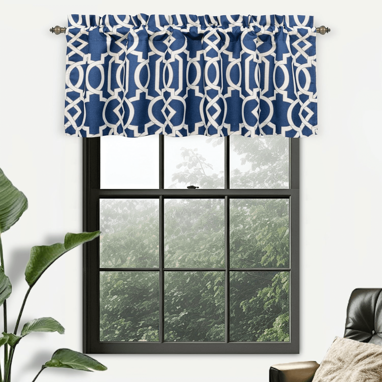 Navy Geometric Trellis Pattern Rod Pocket Window Valance