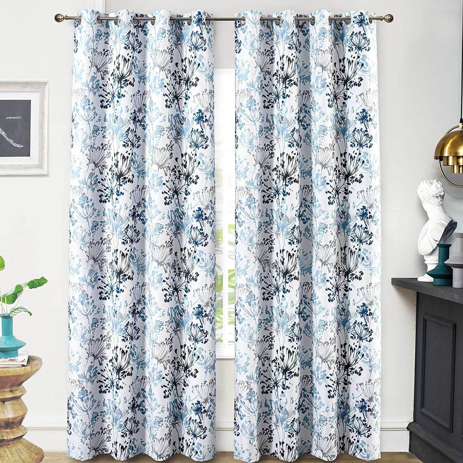 DriftAway Acacia Floral Blossom Watercolor Printed 100 Percent Blackout Room Darkening Thermal Insulated Grommet Window Curtains 2 Panels, 52" x 84", Navy