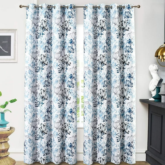 DriftAway Acacia Floral Blossom Watercolor Printed 100 Percent Blackout Room Darkening Thermal Insulated Grommet Window Curtains 2 Panels, 52" x 84", Navy