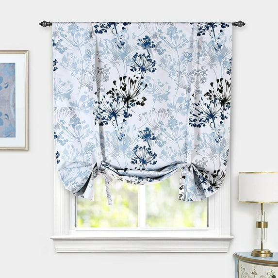 DriftAway Acacia Floral Blossom Watercolor Printed 100 Percent Blackout Thermal Insulated Tie Up Adjustable Balloon Rod Pocket Curtain, 42" x 63", Navy