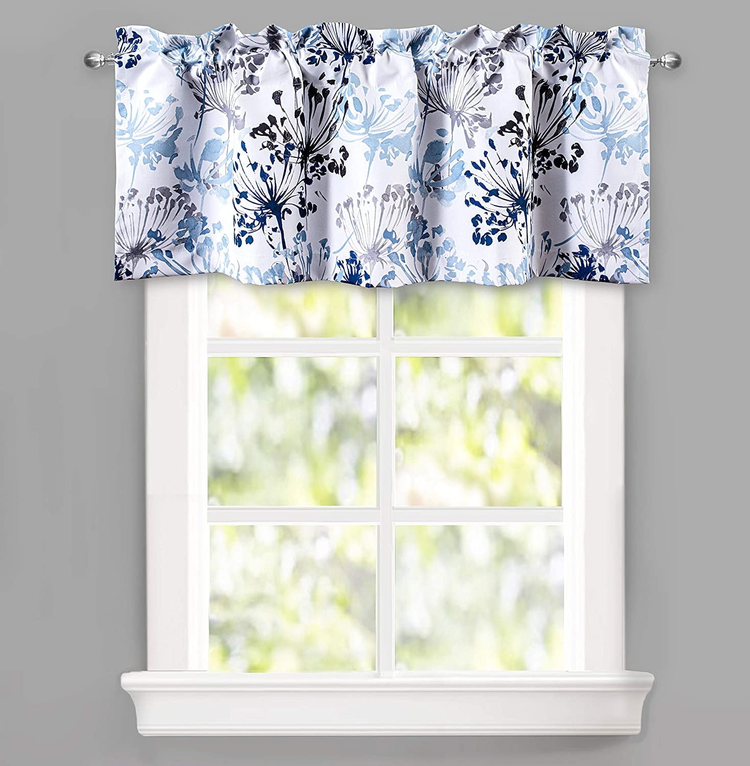 DriftAway Acacia Floral Blossom Watercolor Printed 100 Percent Blackout Thermal Insulated Window Curtain Valance Rod Pocket Single 52 Inch by 18 Inch Plus 2 Inch Header Navy