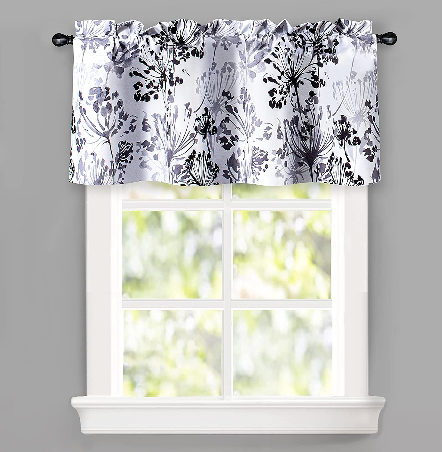 DriftAway Acacia Floral Blossom Watercolor Printed 100 Percent Blackout Thermal Insulated Window Curtain Valance Rod Pocket Single, 52" x 24" Plus 2" Header, Gray