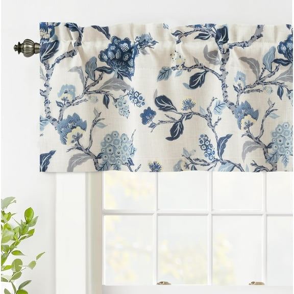 DriftAway Ada Botanical Print Lined Flower Leaf Thermal Insulated Linen Blend Window Valance Rod Pocket 52 Inch by 14 Inch Plus 1.75 Inch Header Navy 1 Pack