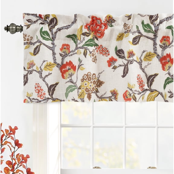 DriftAway Ada Botanical Print Lined Flower Leaf Thermal Insulated Linen Blend Window Valance Rod Pocket 52 Inch by 14 Inch Plus 1.75 Inch Header Orange Terra Cotta 1 Pack