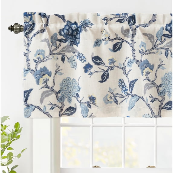 DriftAway Ada Botanical Print Lined Flower Leaf Thermal Insulated Linen Blend Window Valance Rod Pocket 52 Inch by 18 Inch Plus 2 Inch Header Navy 1 Pack