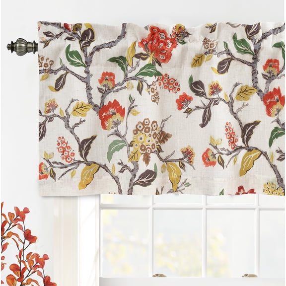 DriftAway Ada Botanical Print Lined Flower Leaf Thermal Insulated Linen Blend Window Valance Rod Pocket 52 Inch by 18 Inch Plus 2 Inch Header Orange Terra Cotta 1 Pack