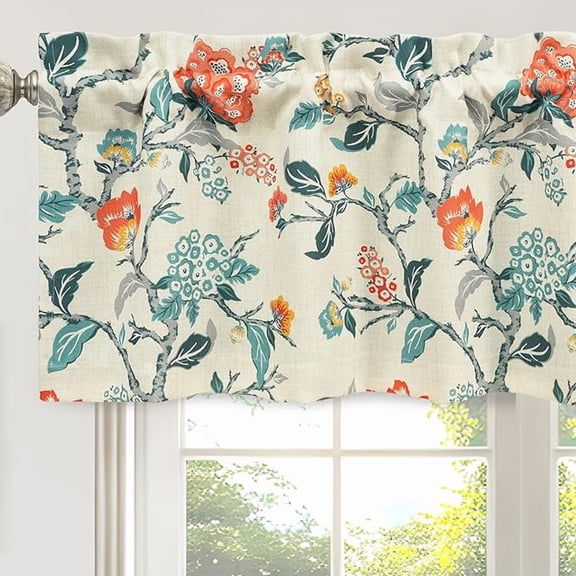 DriftAway Ada Botanical Print Lined Flower Leaf Thermal Insulated Window Valance Rod Pocket 52 Inch by 18 Inch Plus 2 Inch Header Linen Orange Teal 1 Pack