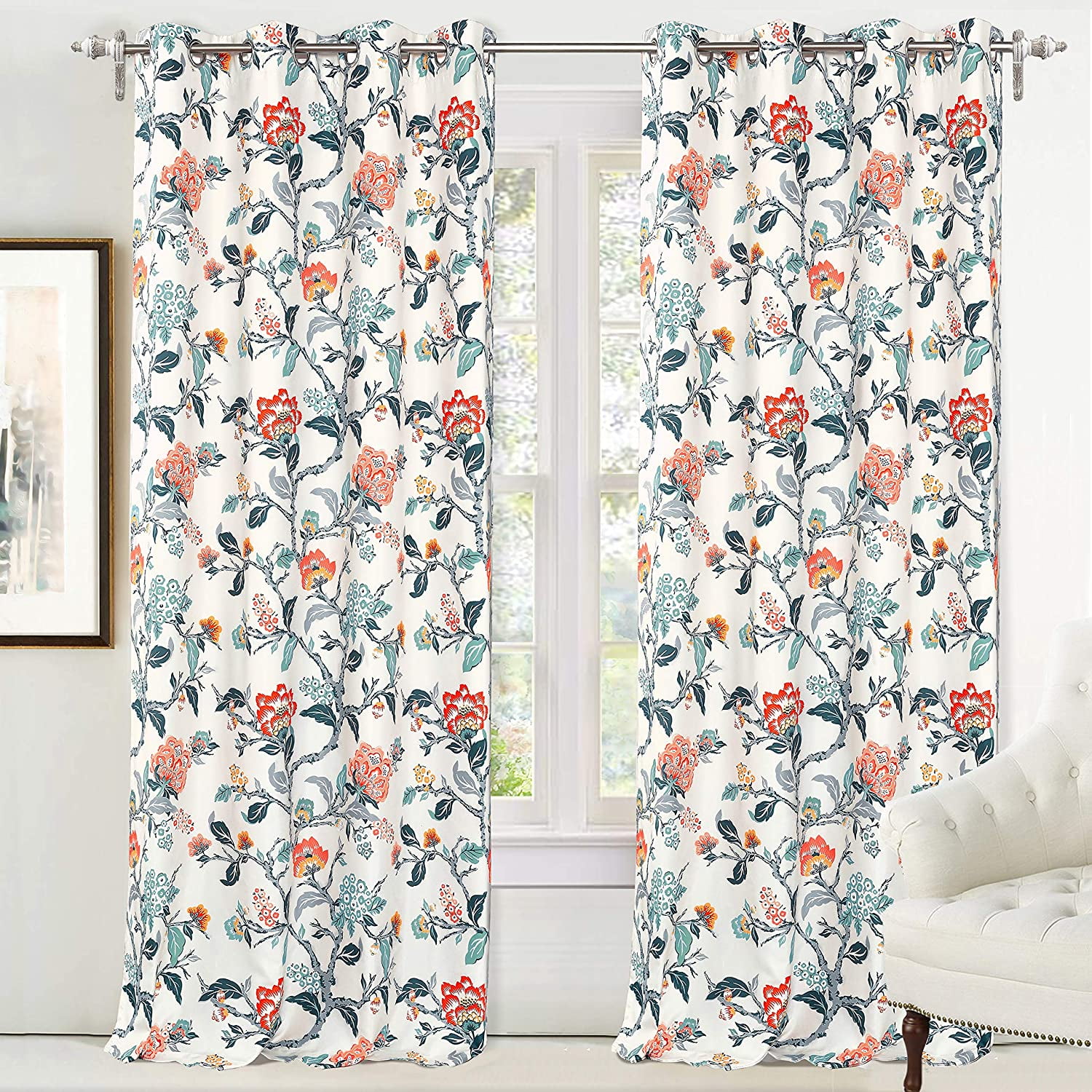 DriftAway Ada Floral Lined Thermal Insulated Room Darkening Blackout  Grommet Window Curtains, 2 Panels, 52 x 63, Ivory Orange Teal 