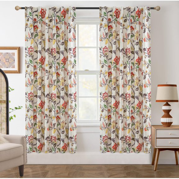 DriftAway Ada Floral Botanical Print Flower Leaf Lined Thermal Insulated Room Darkening Linen Blackout Back Tab Window Curtains 2 Layers Set of 2 Panels Each 52 Inch by 72 Inch Orange Terra Cotta