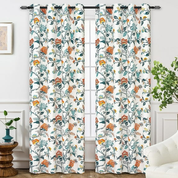 DriftAway Ada Floral Lined Thermal Insulated Room Darkening Blackout Grommet Window Curtains, 2 Panels, 52" x 102", Ivory Orange Teal